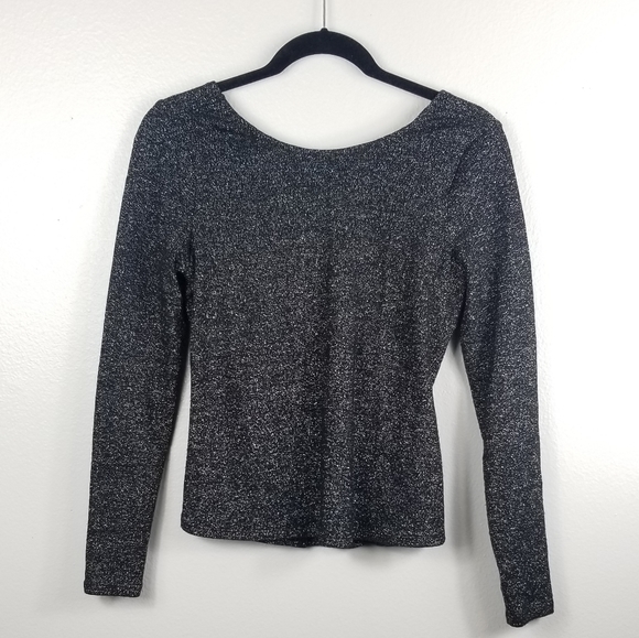 Black White Shiny Long Sleeve Exposed Midriff Top - Picture 4 of 5